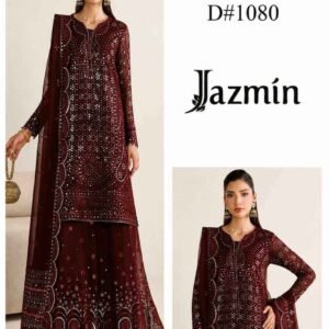 Jazmin D#1080 maroon heavy embroidered chiffon 3-piece suit with silk trousers and ready-to-wear dupatta