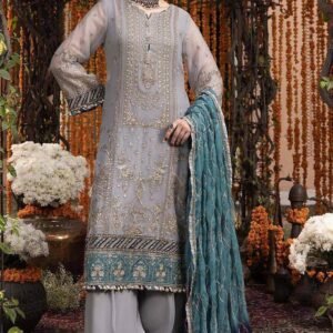 Adan Libas Rang-E-Mehfil 005 grey and teal chiffon embroidered unstitched 3-piece suit with embroidered dupatta