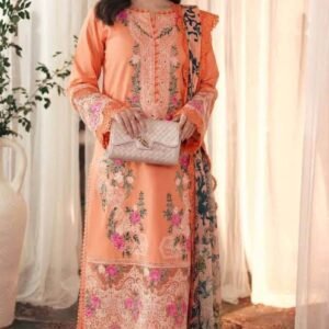 Jade 9043 peach Dhanak embroidered 3 piece winter suit with printed shawl